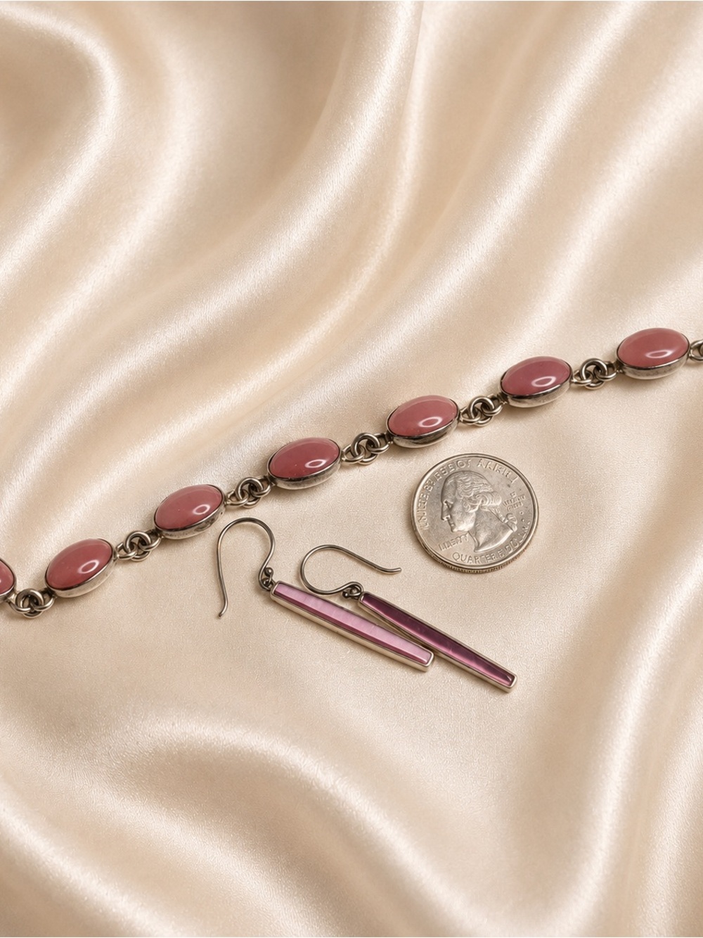 Vintage Mexico 925 Sterling Silver Pink Cat's Eye Bracelet & Matching Earrings